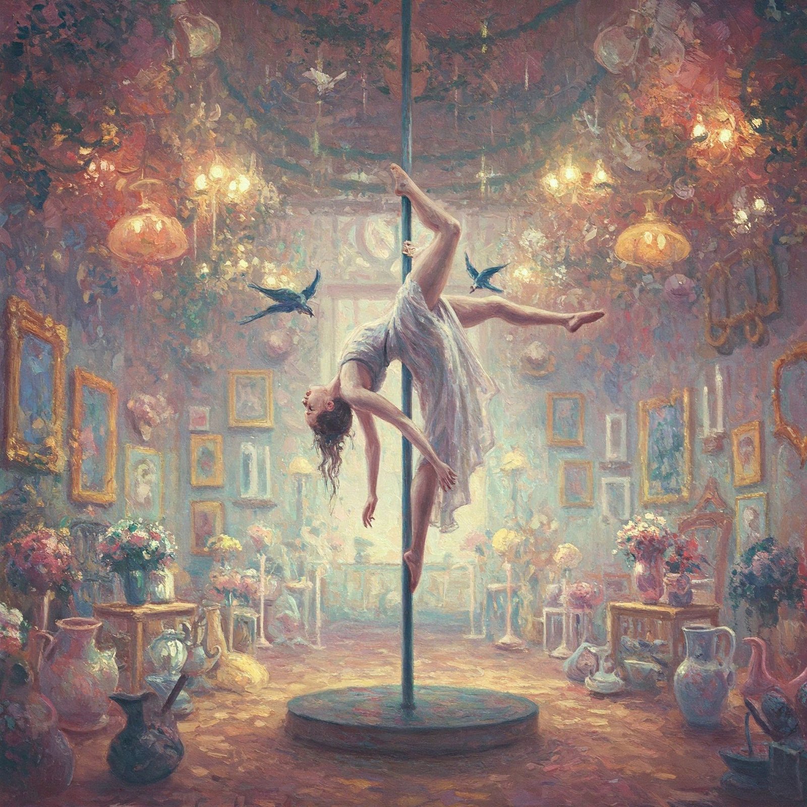 A painting of a woman doing a pole dance in a room filled with flowers.