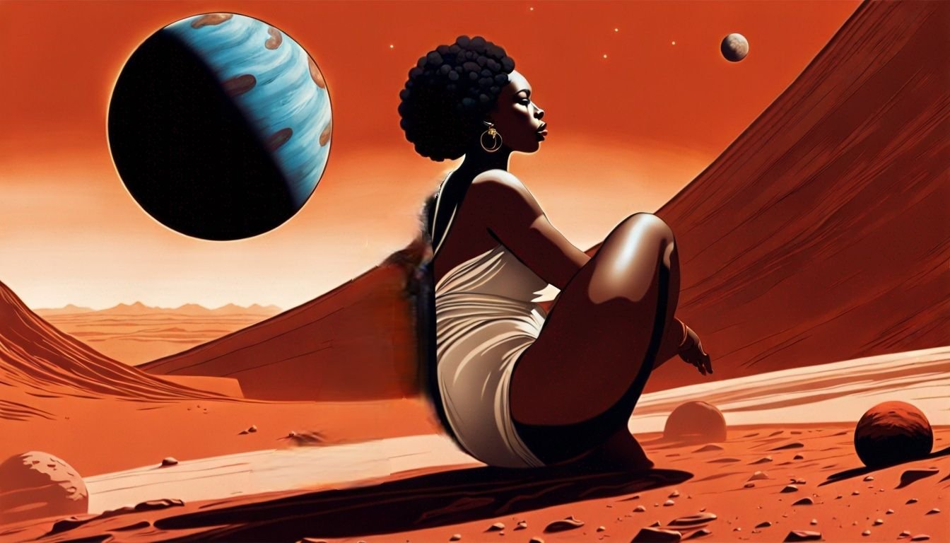 A woman in a bathing suit is sitting on the ground on mars.