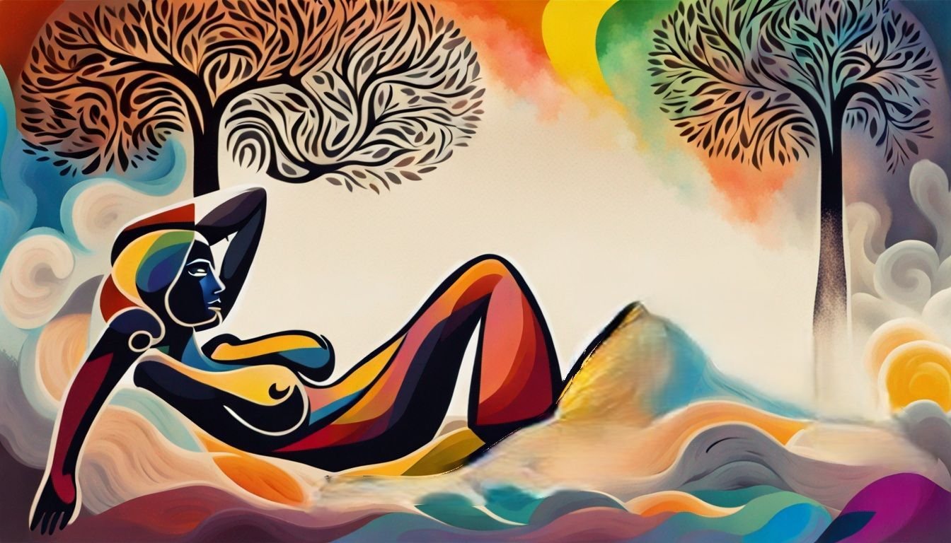 A colorful painting of a woman laying under a tree.